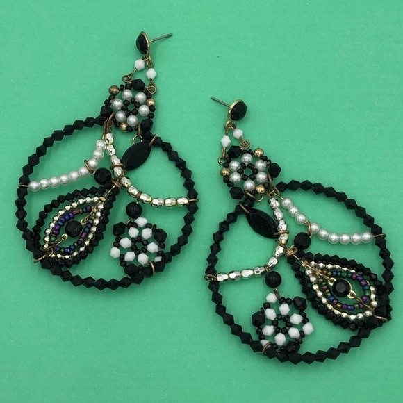 🌼 Large Statement Black Beaded Statement Paisley Drop Earrings - Picture 1 of 3